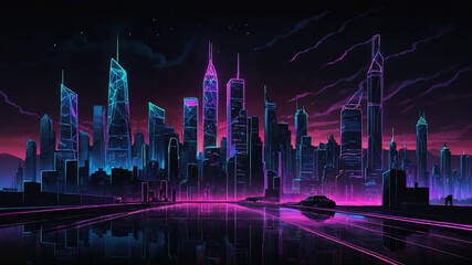 The landscape of a modern metropolis with neon glow from lights and traffic roads with glowing contours