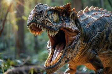 Capture the moment of an Allosaurus roaring in a display of dominance, its powerful jaws open wide with sharp teeth glistening in the sunlight