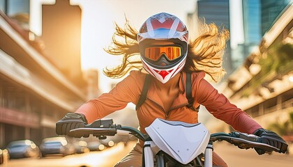 Frau fährt Motocross mit lang wehenden Haare. 