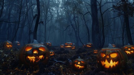 The quiet before the storm in a haunted forest, with lifeless trees standing guard over a congregation of mischievously carved pumpkins.