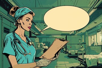 A dedicated nurse in a hospital ward reviews a patient chart, captured in an illustrated moment with a speech bubble for medical narratives. - obrazy, fototapety, plakaty