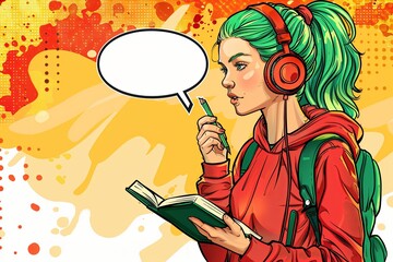  vibrant illustration of a young woman with green hair, engrossed in a book while listening to music on headphones, speech bubble included.