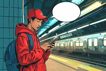 An illustration of a young man engaged with his smartphone while waiting at a subway station, featuring a speech bubble for contextual stories.