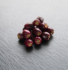 Fruits of lilly pilly, Syzýgium panicúlatum, the magenta lilly pilly or magenta cherry, is a species of flowering plant in the myrtle family Myrtaceae, native to New South Wales, 