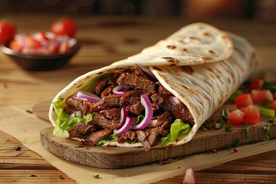 Appetizing image of a grilled kebab wrap, loaded with seasoned meat, fresh vegetables, and vibrant accents on a rustic wooden board. Perfect for culinary presentations and menu visuals.