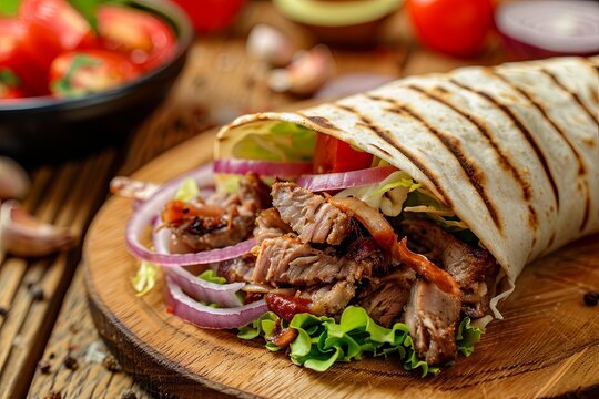 Appetizing image of a grilled kebab wrap, loaded with seasoned meat, fresh vegetables, and vibrant accents on a rustic wooden board. Perfect for culinary presentations and menu visuals.