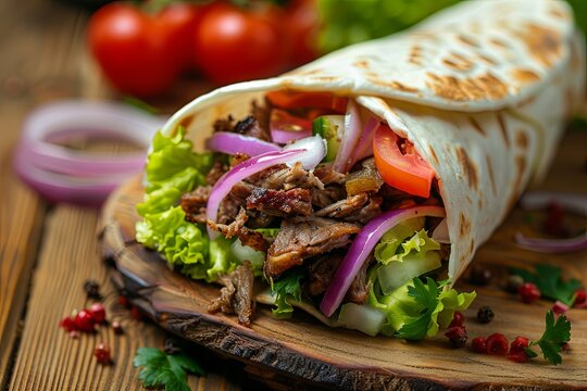 Appetizing image of a grilled kebab wrap, loaded with seasoned meat, fresh vegetables, and vibrant accents on a rustic wooden board. Perfect for culinary presentations and menu visuals.