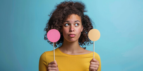 A woman holding two symbols on sticks, She has an expression that appears to be thoughtful or confused as if trying to make sense out what these signs biting at her mind.