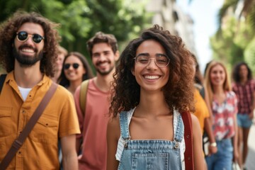 Group of happy young people walking in the city. They are looking at camera and smiling