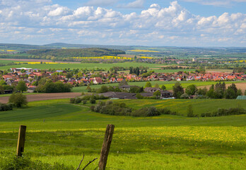 Beautiful view across fields of yellow blooming rape and german landscape in summer
