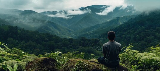 A Seated Man looks out from a Breath-taking viewpoint at a Lush, Natural Landscape. Nature Background / Conservation Concept.