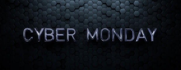 Luxury Banner with Futuristic, Glossy 3D Typography on Hexagon tiles. Cyber Monday Background with copy-space.