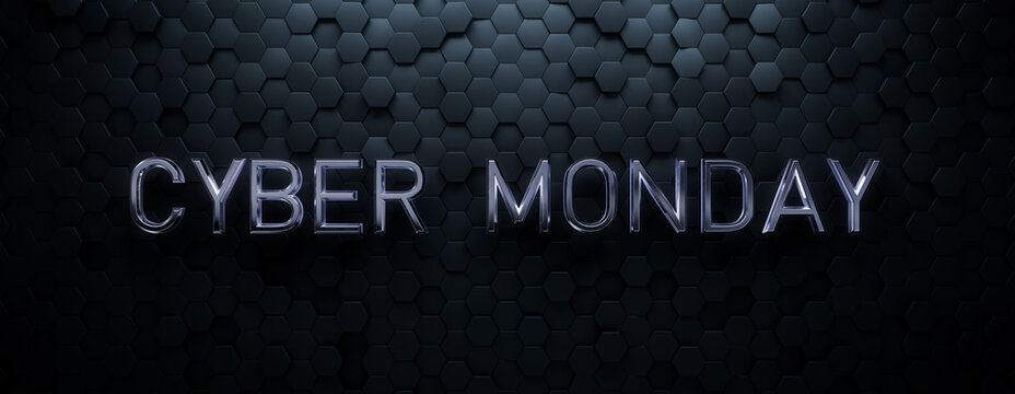 Luxury Banner with Futuristic, Glossy 3D Typography on Hexagon tiles. Cyber Monday Background with copy-space.