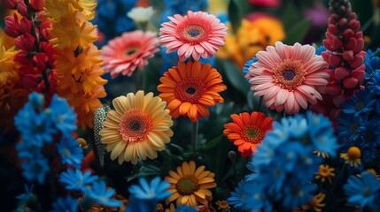 brightly colored flowers field blue yellow red teal orange color lying bed daisies professional business products supplies vibrating soft pink tints dead plants glass vase garden