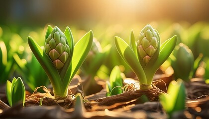 fresh hyacinth bulbs sprouting vibrant green leaves in soft sunlight - Powered by Adobe