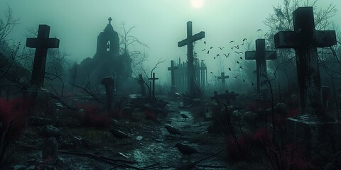 crosses cemetery lot trees gehenna best fog ancient ruins frightful courtyard post apocalyptic city streaming fiendish