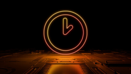 Orange and Yellow Time Technology Concept with clock symbol as a neon light. Vibrant colored icon, on a black background with high tech floor. 3D Render