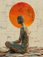 A Man is meditating and sun. Mosaic Art Print. Building yourself from pieces, yoga concept. - obrazy, fototapety, plakaty