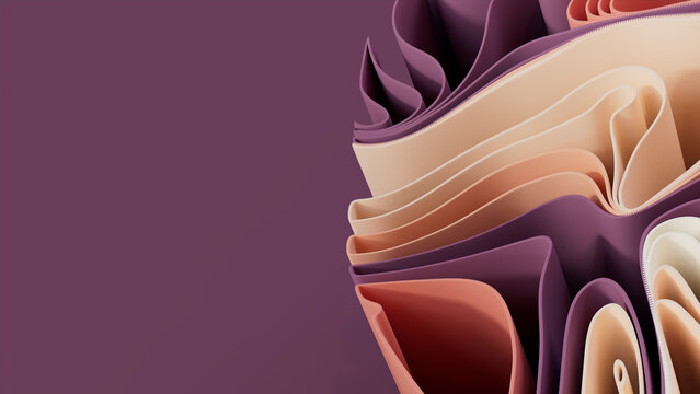 Pink and Purple 3D Waves arranged to create a Multicolored abstract background. 3D Render with copy-space.  