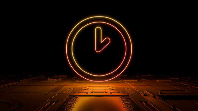 Orange and Yellow Time Technology Concept with clock symbol as a neon light. Vibrant colored icon, on a black background with high tech floor. 3D Render