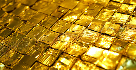 Sparkling Gold Texture Background. Close-Up of a Surface Covered with Golden Tiles, Highlighting Light Reflections and Irregular Shapes - obrazy, fototapety, plakaty