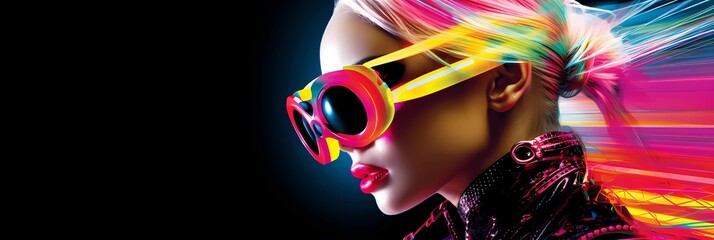 Futuristic cover art featuring a fashion-forward model with neon streaks and high-tech glasses, capturing the essence of edm and techno music culture