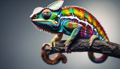 Rainbow colorful chameleon on grey background, ai