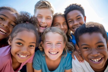 Portrait of group of smiling kids looking at camera on a sunny day