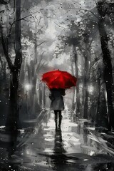 woman walking down street umbrella forest red rain feelings wearing long coat sun sorrow
