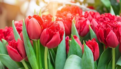 closeup of red tulips in full bloom romantic flower background - Powered by Adobe