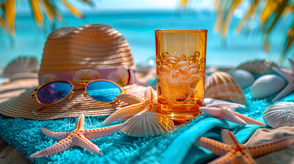 Vibrant beach setup with sunglasses, sunblock, hat, and a refreshing drink