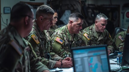 Fototapeta premium Military strategizing in a high-stakes operation room setting, focused teamwork