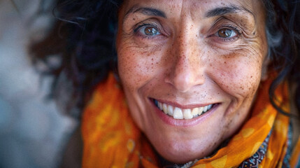 Close-Up Smiling Detailed Middle-Aged 50 to 60 Year Old Woman Dark-Haired