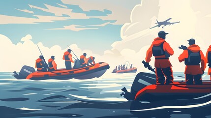 Dramatic sea rescue operation with helicopter and boat in stormy weather