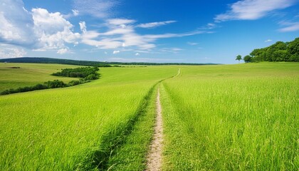 summer landscape of footpath through green pasture under beautiful blue sky