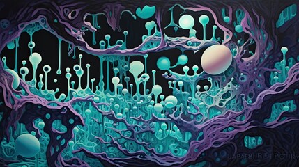 Organic shapes resembling celestial bodies in shades of cosmic purple and turquoise