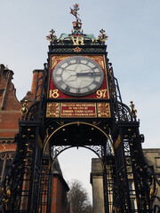 A close-up of the historic Eastgate Clock on the city walls in the historic city of Chester in the...