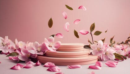 3d background pink podium display flower petals falling cosmetic or beauty product promotion step floral pastel pedestal abstract minimal advertise 3d render copy space spring mockup