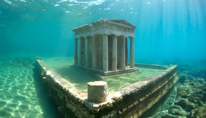 submerged in the sea a prehistoric temple with a stone altar generative ai