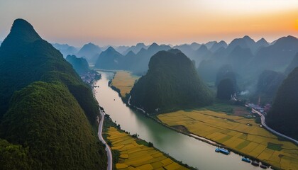 aerial landscape in phong nam valley an extreme scenery landscape at cao bang province vietnam with river nature green rice fields