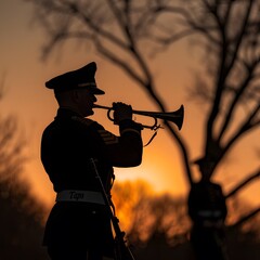 Silhouette of a military bugler playing trumpet at sunset, evoking reverence and patriotism
