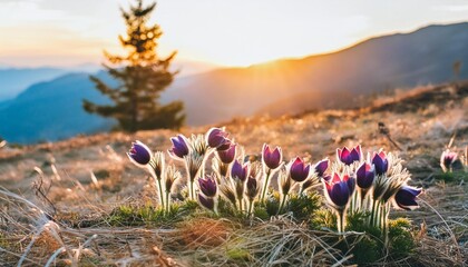 spring background with flower beautiful nature at sunset in spring time pasque flower pulsatilla grandis