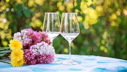 romantic celebration wine glasses spring flowers and the beauty of nature create the atmosphere of a delightful event