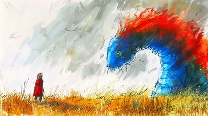 person standing field horse fire breathing dragon blue orange kitty cat kitten bright hair wet grass