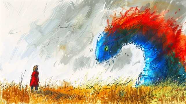person standing field horse fire breathing dragon blue orange kitty cat kitten bright hair wet grass