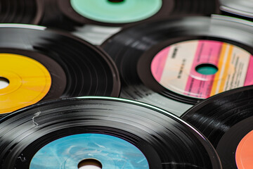 Close-up of a collection of vintage vinyl records with vibrant and retro album covers