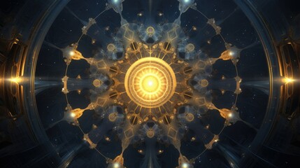 Intricate fractal design with bursts of golden yellow and deep indigo