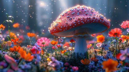 mushroom sitting middle field flowers candy forest fairy wings entertainment magical sparkling colored cute