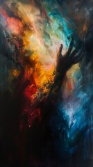 person reaching tree sky background exploding nebulae page hand fear expressive emotional piece dripping black paint pulse stained