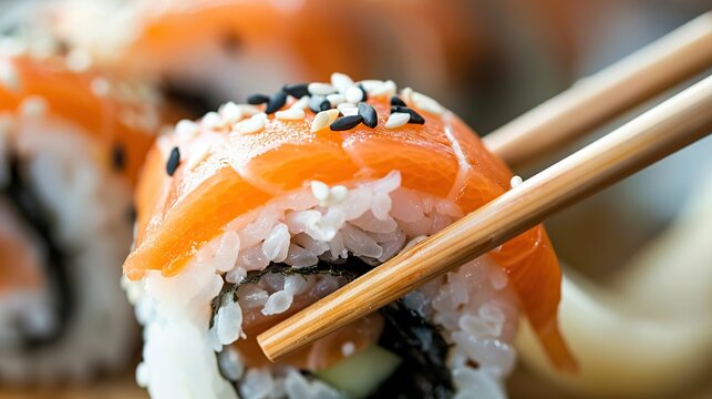 Close up delicious sushi piched with chopsticks